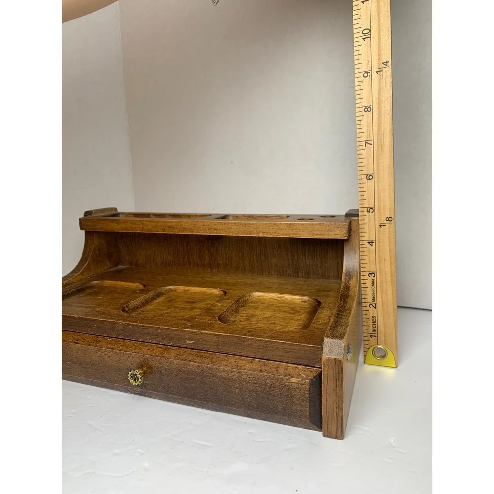 Vintage Wood Desk Organizer Valet Tray Red Felt Lined‎ Jewelry Drawer Brown